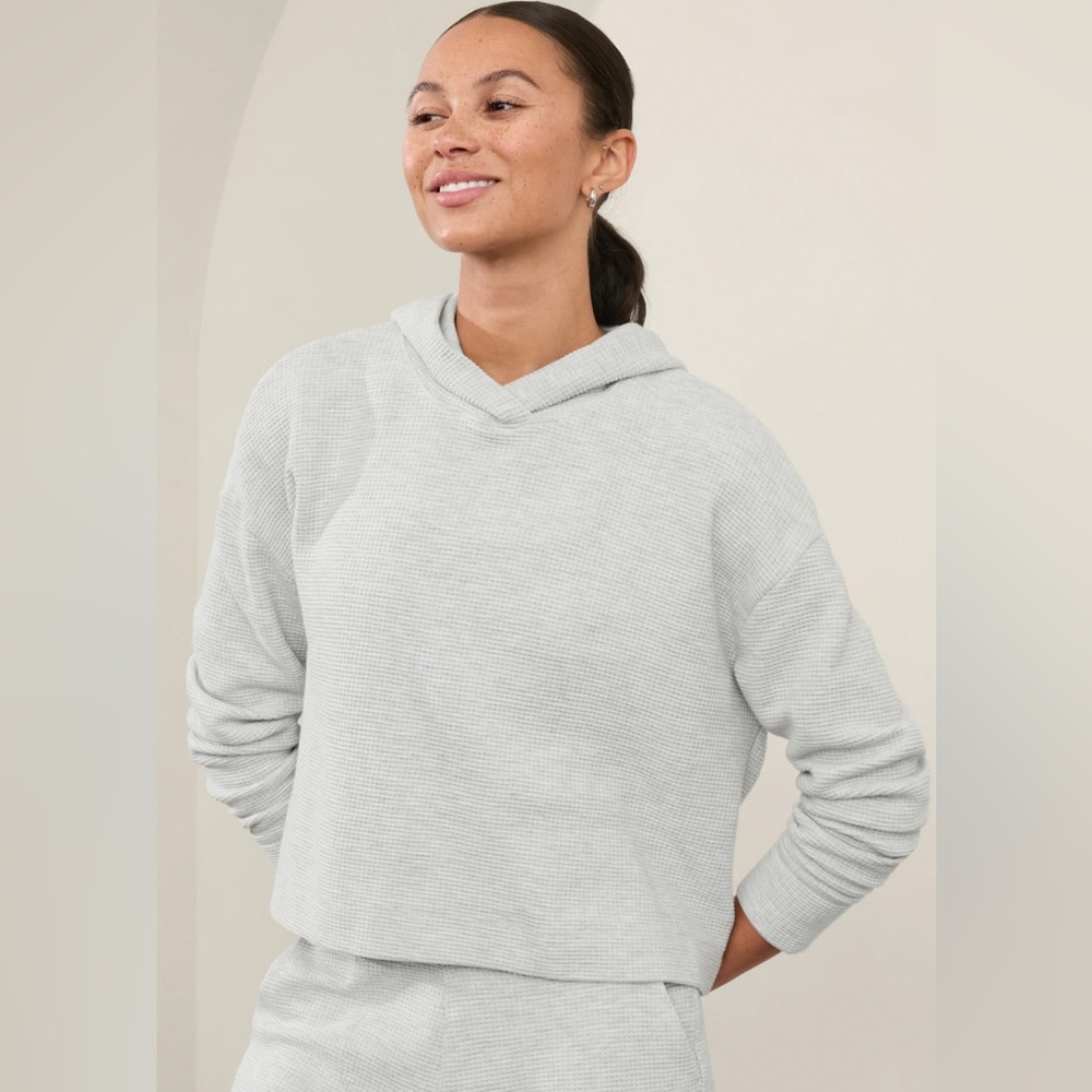 Athleta Light Gray Waffle-Knit Hooded Sweatshirt